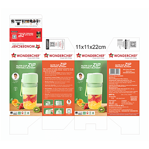 Wonderchef Nutri-cup Zip Portable Blender/Blend & Sip - Green, 350 ml Type C Charging, 2000 mAh Battery, 20 Blending Cycles in One Charge