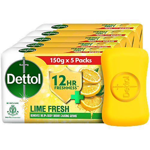 Dettol Lime Fresh Bathing Soap Bar With 12 Hr Freshness, 150 g (Pack of 5) 