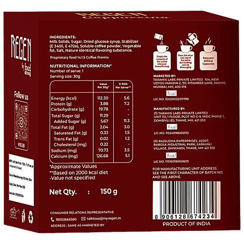 Regen Cappuccino Instant Cafe Style Premix, 150 g  Lightly Sweetened