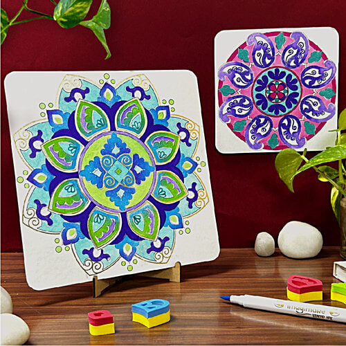 Imagimake DIY Mandala Art Kit - For Kids 8+, 1 pc Coloring & Painting Kit Using Water Brush Pen & Stamps, Art and Craft Kit