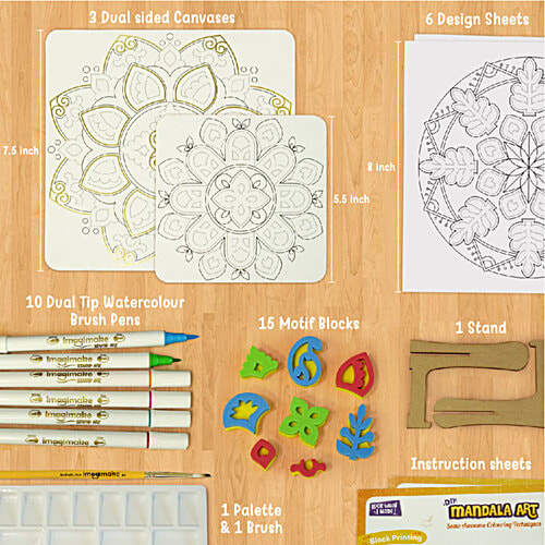 Imagimake DIY Mandala Art Kit - For Kids 8+, 1 pc Coloring & Painting Kit Using Water Brush Pen & Stamps, Art and Craft Kit