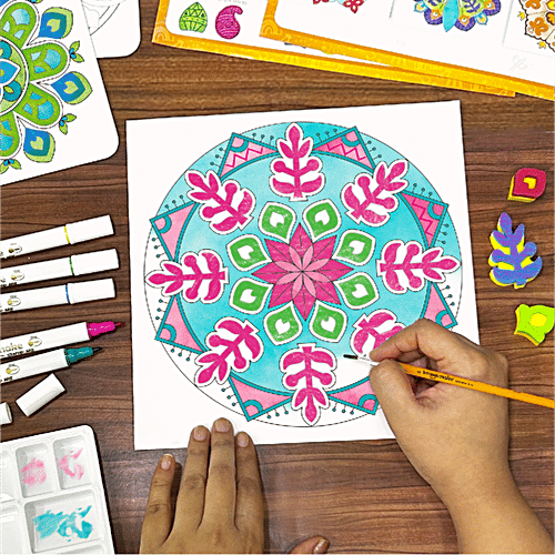 Imagimake DIY Mandala Art Kit - For Kids 8+, 1 pc Coloring & Painting Kit Using Water Brush Pen & Stamps, Art and Craft Kit
