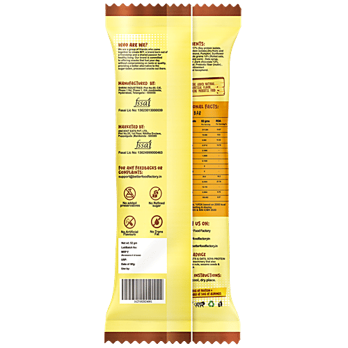 Better Food Factory Choco Banana Protein Bar, 52 g No Added Preservatives, No Added Sugar, Plant Based Protein
