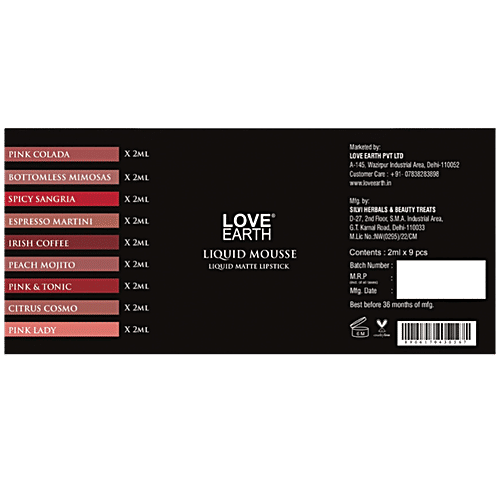 Love Earth Liquid Mousse Miniature Lipsticks - Assorted, 18 ml (9 x 2 ml) Pack of 9
