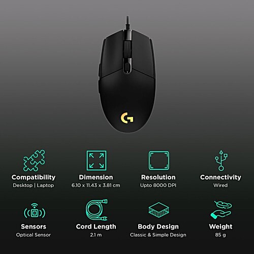 Logitech logitech G203 Wired Mouse with Customizable Buttons (8000 DPI, LED Lights, Black), 1 Unit  