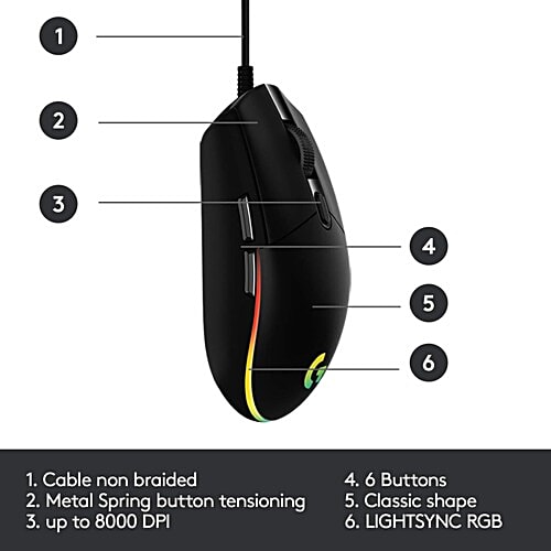 Logitech logitech G203 Wired Mouse with Customizable Buttons (8000 DPI, LED Lights, Black), 1 Unit  