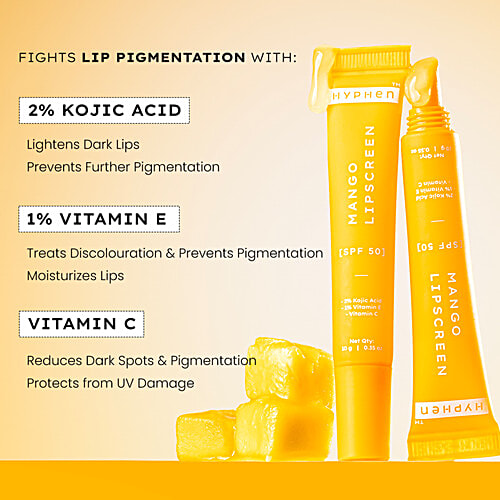 Hyphen Mango Lipscreen SPF 50 Lip Balm With 2% Kojic Acid, 1% Vitamin E, Vitamin C, 10 g Brightening Lip Balm For Dark & Dry Lips