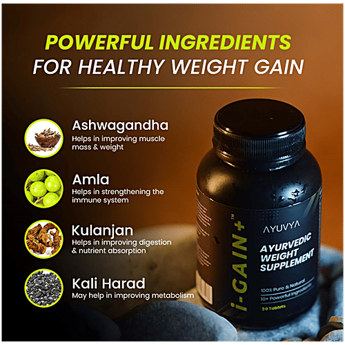 Ayuvya I Gain Ayurvedic Weight Supplement Tablets, 90 pcs New & Improved Formula | Ayurvedic Weight Gainer for Digestion & Muscle Mass | 100% Natural for Men & Women