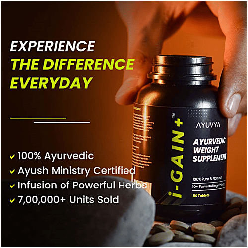 Ayuvya I Gain Ayurvedic Weight Supplement Tablets, 90 pcs New & Improved Formula | Ayurvedic Weight Gainer for Digestion & Muscle Mass | 100% Natural for Men & Women