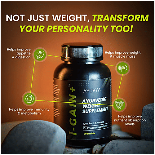 Ayuvya I Gain Ayurvedic Weight Supplement Tablets, 90 pcs New & Improved Formula | Ayurvedic Weight Gainer for Digestion & Muscle Mass | 100% Natural for Men & Women