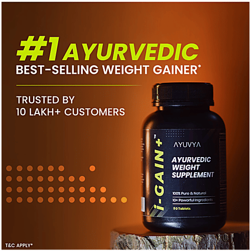 Ayuvya I Gain Ayurvedic Weight Supplement Tablets, 90 pcs New & Improved Formula | Ayurvedic Weight Gainer for Digestion & Muscle Mass | 100% Natural for Men & Women