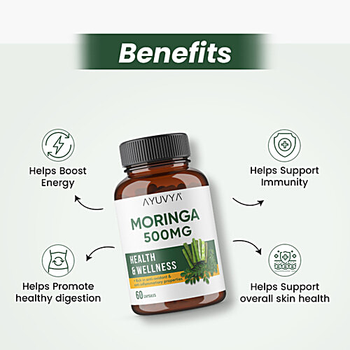 Ayuvya Moringa 500 Mg Capsules - Health & Wellness, 60 pcs Pure Moringa Oleifera Leaf Powder Extract, Nutrient Rich Superfood for Immunity, Skin, Hair & Weight Management