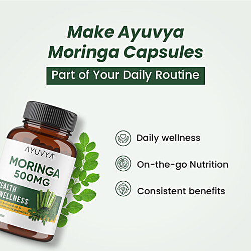 Ayuvya Moringa 500 Mg Capsules - Health & Wellness, 60 pcs Pure Moringa Oleifera Leaf Powder Extract, Nutrient Rich Superfood for Immunity, Skin, Hair & Weight Management