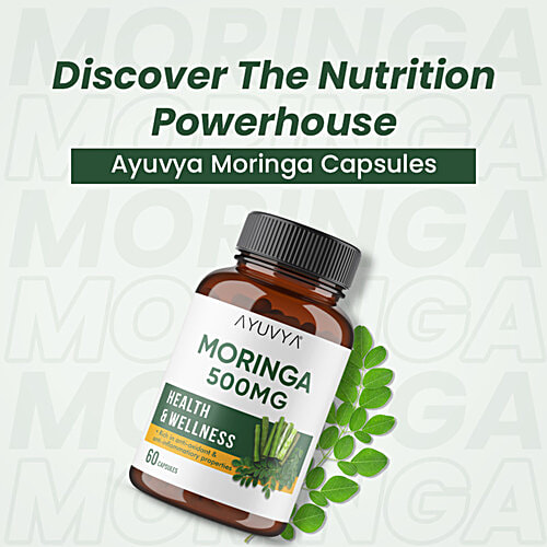 Ayuvya Moringa 500 Mg Capsules - Health & Wellness, 60 pcs Pure Moringa Oleifera Leaf Powder Extract, Nutrient Rich Superfood for Immunity, Skin, Hair & Weight Management
