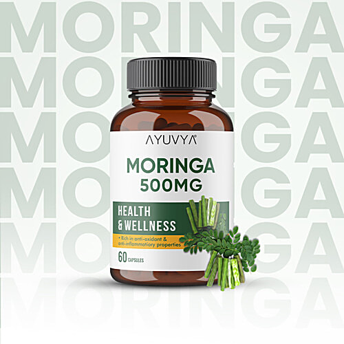 Ayuvya Moringa 500 Mg Capsules - Health & Wellness, 60 pcs Pure Moringa Oleifera Leaf Powder Extract, Nutrient Rich Superfood for Immunity, Skin, Hair & Weight Management