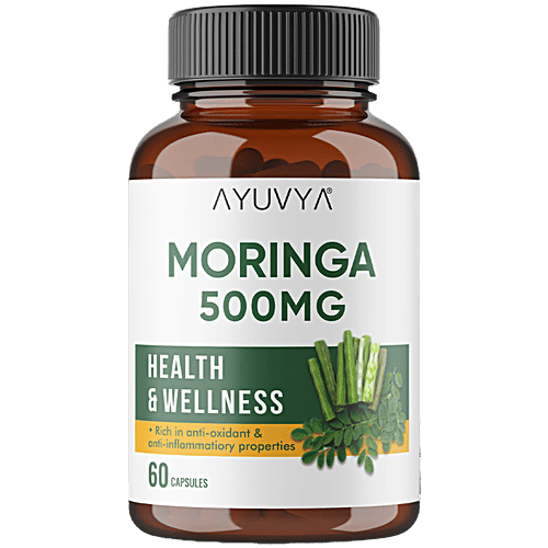 Ayuvya Moringa 500 Mg Capsules - Health & Wellness, 60 pcs Pure Moringa Oleifera Leaf Powder Extract, Nutrient Rich Superfood for Immunity, Skin, Hair & Weight Management