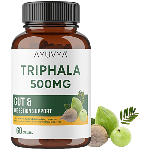 Ayuvya Triphala 500 Mg Capsules - Gut & Digestion Support, 60 pcs  Best Triphala Churn For Digestion, Detox, Weight Management & Hair Health