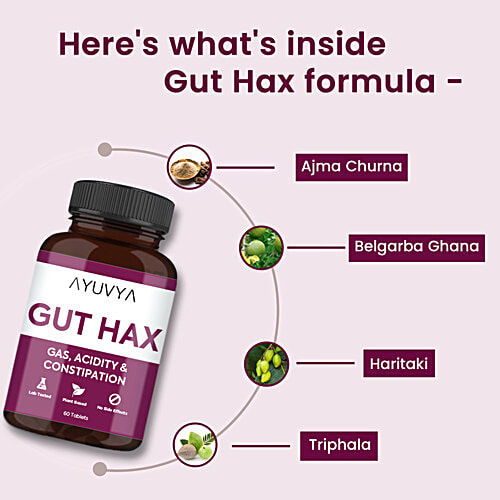 Ayuvya Gut Hax Tablets - Gas, Acidity & Constipation, 60 pcs Ayurvedic Acidity Control Tablets, Body Heat Reduce Medicine, Bloating Relief, Digestive Harmony & Heartburn Relief