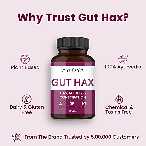 Ayuvya Gut Hax Tablets - Gas, Acidity & Constipation, 60 pcs Ayurvedic Acidity Control Tablets, Body Heat Reduce Medicine, Bloating Relief, Digestive Harmony & Heartburn Relief