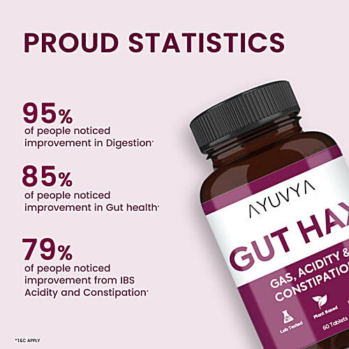 Ayuvya Gut Hax Tablets - Gas, Acidity & Constipation, 60 pcs Ayurvedic Acidity Control Tablets, Body Heat Reduce Medicine, Bloating Relief, Digestive Harmony & Heartburn Relief