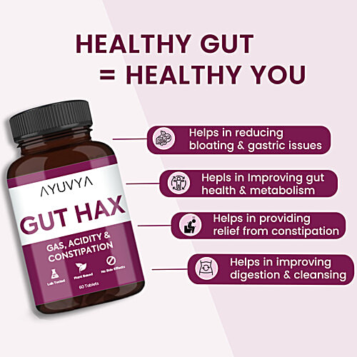 Ayuvya Gut Hax Tablets - Gas, Acidity & Constipation, 60 pcs Ayurvedic Acidity Control Tablets, Body Heat Reduce Medicine, Bloating Relief, Digestive Harmony & Heartburn Relief