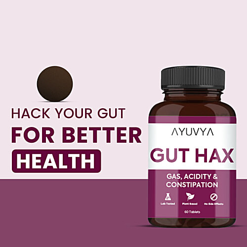 Ayuvya Gut Hax Tablets - Gas, Acidity & Constipation, 60 pcs Ayurvedic Acidity Control Tablets, Body Heat Reduce Medicine, Bloating Relief, Digestive Harmony & Heartburn Relief
