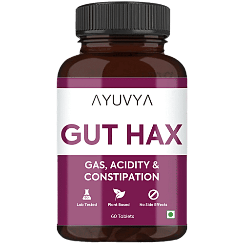 Ayuvya Gut Hax Tablets - Gas, Acidity & Constipation, 60 pcs Ayurvedic Acidity Control Tablets, Body Heat Reduce Medicine, Bloating Relief, Digestive Harmony & Heartburn Relief