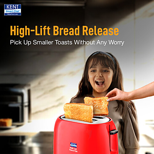 kent Pop Up Toaster - 850 Watts, 2 Slice Automatic Pop Up, Cool Touch Body, 7 Browning Modes, Red, 1 pc Reheat Function, Removable Bread Crumb Tray, Cord Storage Under Base