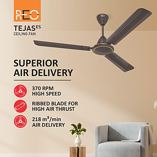 Havells 1200mm Tejas ES Ceiling Fan - Smoke Brown, 1 pc High Speed, High Air Delivery, Strong & Powerful Copper motor, Air Delivery: 218 m³/min, RPM: 370, 2 Year Warranty