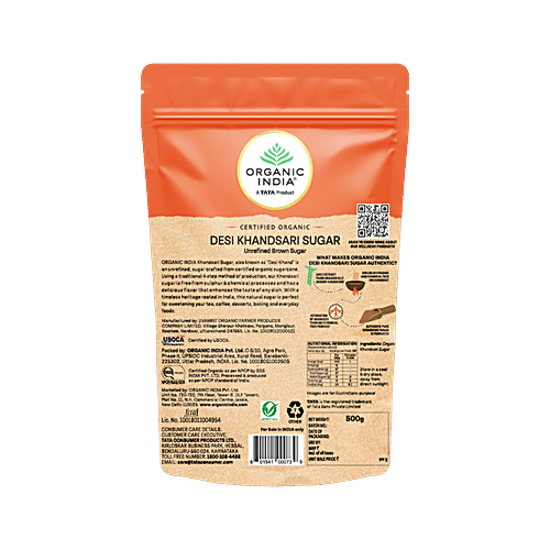 Organic India Desi Khandsari/Unrefined Brown Sugar, 500 g Made From Organic Sugar Cane, Sulphur Free Process