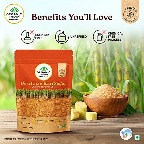 Organic India Desi Khandsari/Unrefined Brown Sugar, 500 g Made From Organic Sugar Cane, Sulphur Free Process