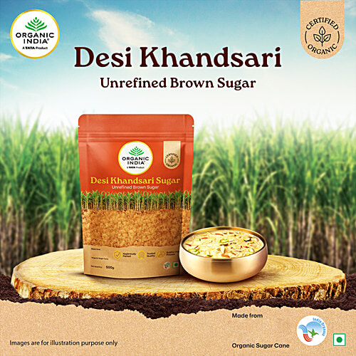 Organic India Desi Khandsari/Unrefined Brown Sugar, 500 g Made From Organic Sugar Cane, Sulphur Free Process