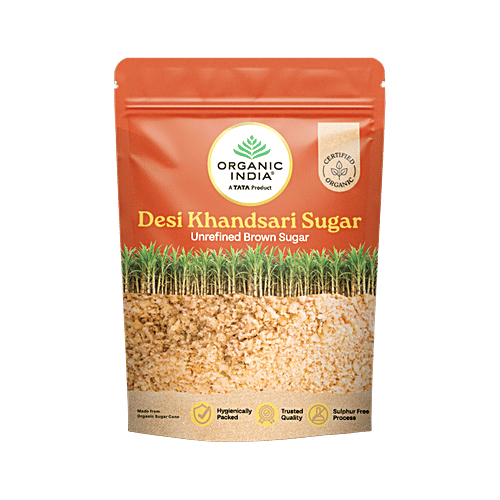 Organic India Desi Khandsari/Unrefined Brown Sugar, 500 g Made From Organic Sugar Cane, Sulphur Free Process