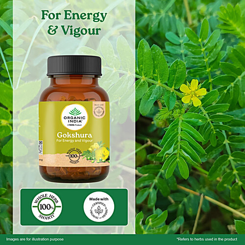 Organic India Gokshura Whole Herb Capsules, 60 pcs Boosts Energy & Vigour, Supports Men Wellness, Helps Promote Vitality, No Added Fillers, No Chemicals & Preservatives