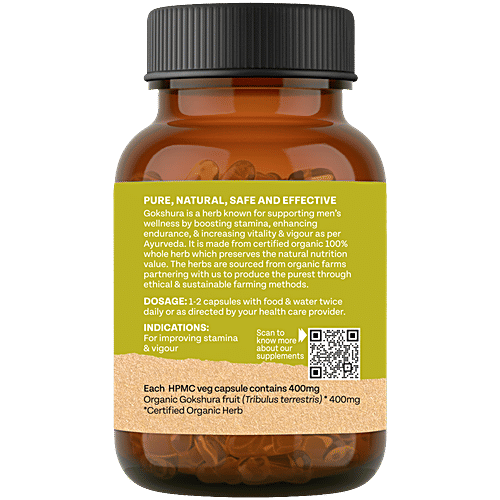 Organic India Gokshura Whole Herb Capsules, 60 pcs Boosts Energy & Vigour, Supports Men Wellness, Helps Promote Vitality, No Added Fillers, No Chemicals & Preservatives