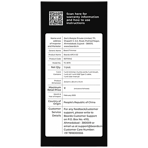 Beardo Ape-X EZ Trimmer Men Beard - 120 Min Run Time, 7000 RPM Motor, Li-ion Battery, Multiple Length Settings, 1 pc  Durable Blades