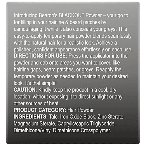 Beardo Blackout Powder Cover Up For Hair Problems - For Grey Roots, Patchy Beard & Thinning Hairline, 4 g  Beard Patches & Bald Spots, Highly Pigmented, Long-Lasting & Matte Finish, Super-Fine Cover-up Powder