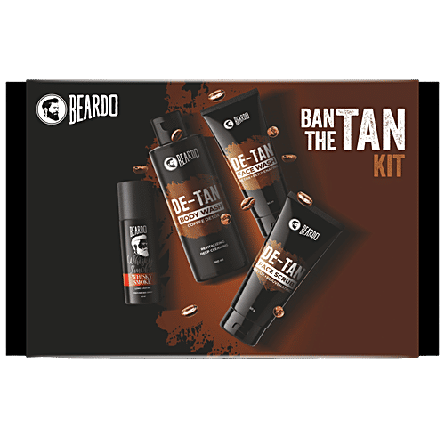 Beardo Ban The Tan Grooming Kit For Men - Detan Facewash, Detan Bodywash, Detan Face Scrub, Whisky Smoke Perfume Body Spray, 1 pc P 