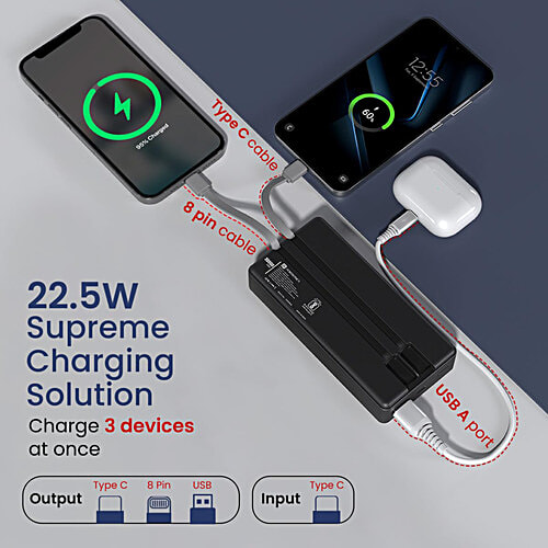 Portronics Luxcell Bind 20k 20000mAh Power Bank - 22.5W Fast Charging, Black, 1 pc  In-Built Type C PD Input & Output/8 Pin Cable, LED Indicator, USB-A Mach Output, Compatible with Smartphones,Tablets