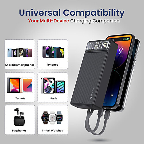 Portronics Luxcell Bind 20k 20000mAh Power Bank - 22.5W Fast Charging, Black, 1 pc  In-Built Type C PD Input & Output/8 Pin Cable, LED Indicator, USB-A Mach Output, Compatible with Smartphones,Tablets