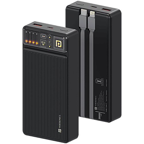 Portronics Luxcell Bind 20k 20000mAh Power Bank - 22.5W Fast Charging, Black, 1 pc  In-Built Type C PD Input & Output/8 Pin Cable, LED Indicator, USB-A Mach Output, Compatible with Smartphones,Tablets