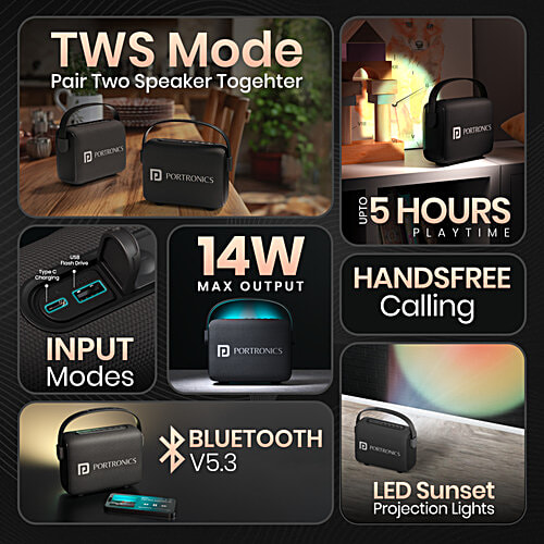 Portronics Resonate 14W Portable Bluetooth Speaker - With LED Sunset Projection Lights, Black, 1 pc Upto 5 Hours Playtime, Bluetooth 5.3V, TWS Function, Handsfree Calling, Leather Handle, Type C Fast Charging