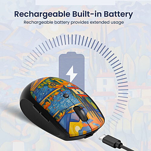 Portronics Toad III Plus Rechargeable Bluetooth Mouse - Bluetooth & 2.4 GHz Wireless Connectivity, Black, 1 pc Stylish Illustrated Design, 6 Buttons, Soft Silicone Grip for Laptop, PC, Mac