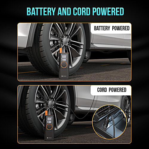 Portronics Vayu 4.0 Tyre Inflator - 2-In-1 Rechargeable & Corded Power, Black, 1 pc Preset Inflation Modes, Digital Display, Flashlight Torch, Auto Shut-Off, Air Pump Compressor for Car & Bike