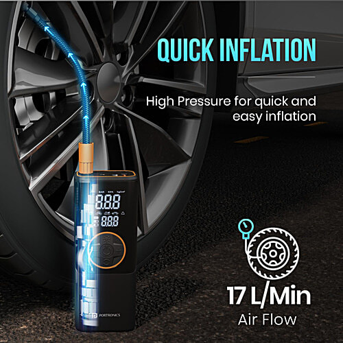 Portronics Vayu 4.0 Tyre Inflator - 2-In-1 Rechargeable & Corded Power, Black, 1 pc Preset Inflation Modes, Digital Display, Flashlight Torch, Auto Shut-Off, Air Pump Compressor for Car & Bike