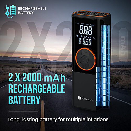 Portronics Vayu 4.0 Tyre Inflator - 2-In-1 Rechargeable & Corded Power, Black, 1 pc Preset Inflation Modes, Digital Display, Flashlight Torch, Auto Shut-Off, Air Pump Compressor for Car & Bike