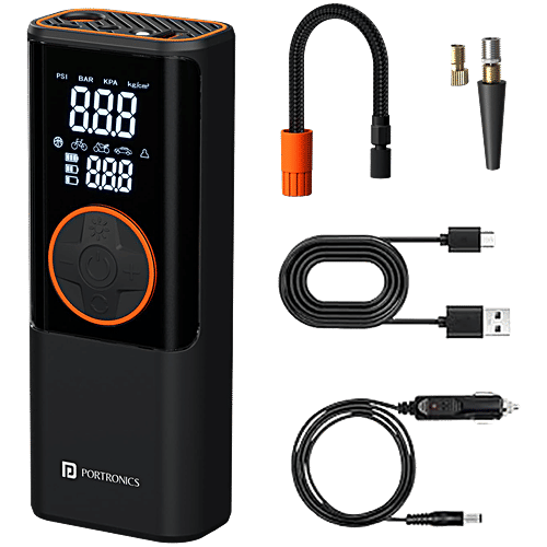 Portronics Vayu 4.0 Tyre Inflator - 2-In-1 Rechargeable & Corded Power, Black, 1 pc Preset Inflation Modes, Digital Display, Flashlight Torch, Auto Shut-Off, Air Pump Compressor for Car & Bike