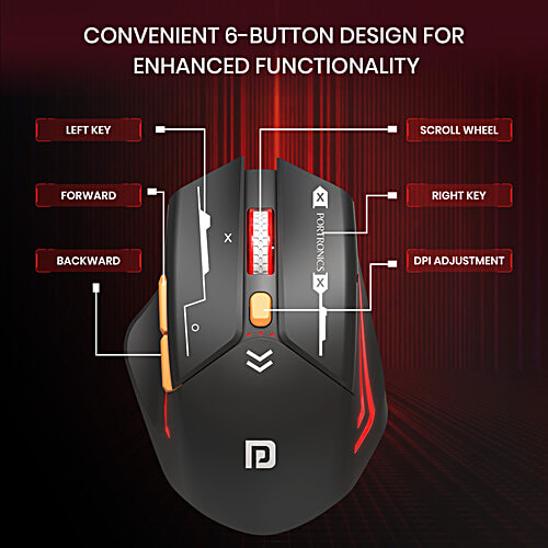 Portronics Vader Max Wireless Rechargeable Mouse - Bluetooth 5.3 & 2.4 GHz Dual Mode, Black, 1 pc  6-Button Control, Adjustable DPI Up to 2400, Ergonomic, Universal Compatibility for Laptop, Desktop, Gaming