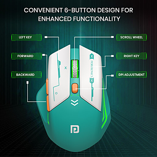 Portronics Vader Max Wireless Rechargeable Mouse - Bluetooth 5.3 & 2.4 GHz Dual Mode, Green, 1 pc  6-Button Control, Adjustable DPI Up to 2400, Ergonomic, Universal Compatibility for Laptop, Desktop, Gaming
