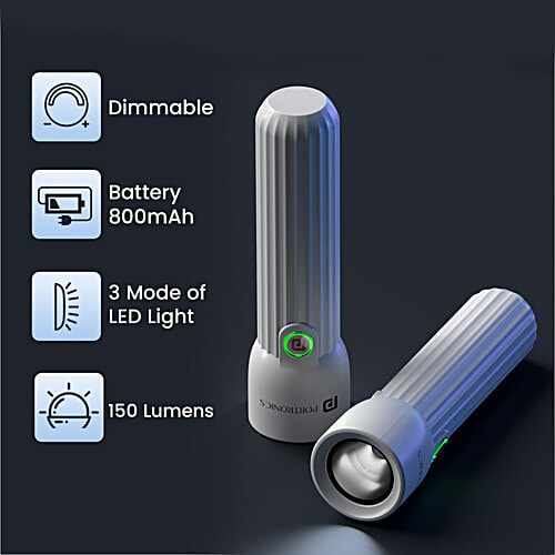 Portronics Eco Glow Mini LED Torch Light - USB Rechargeable Battery, White, 1 pc Compact Size Flashlight, Dual-Brightness Levels, SOS Emergency Light Mode, for Home, Outdoor, Camping, Travel